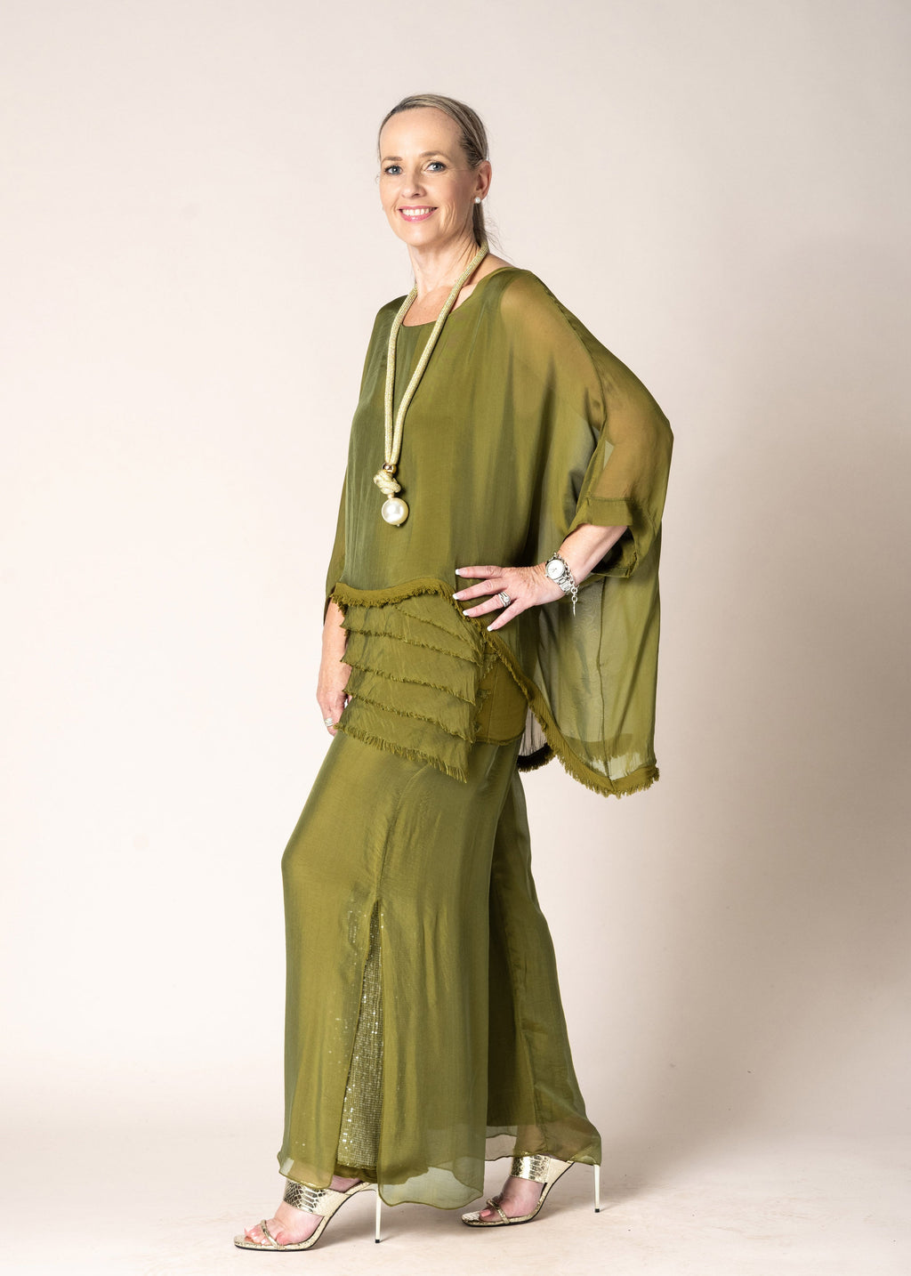 Karolina Silk Pants in Green Olive
