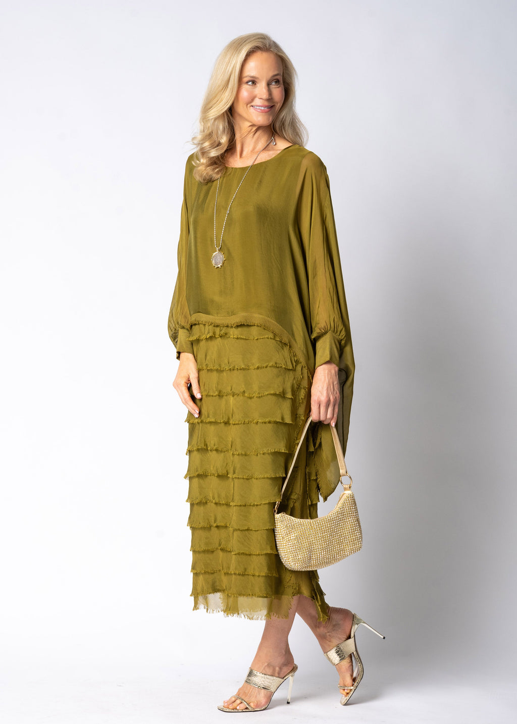 Candie Silk Dress in Green Olive