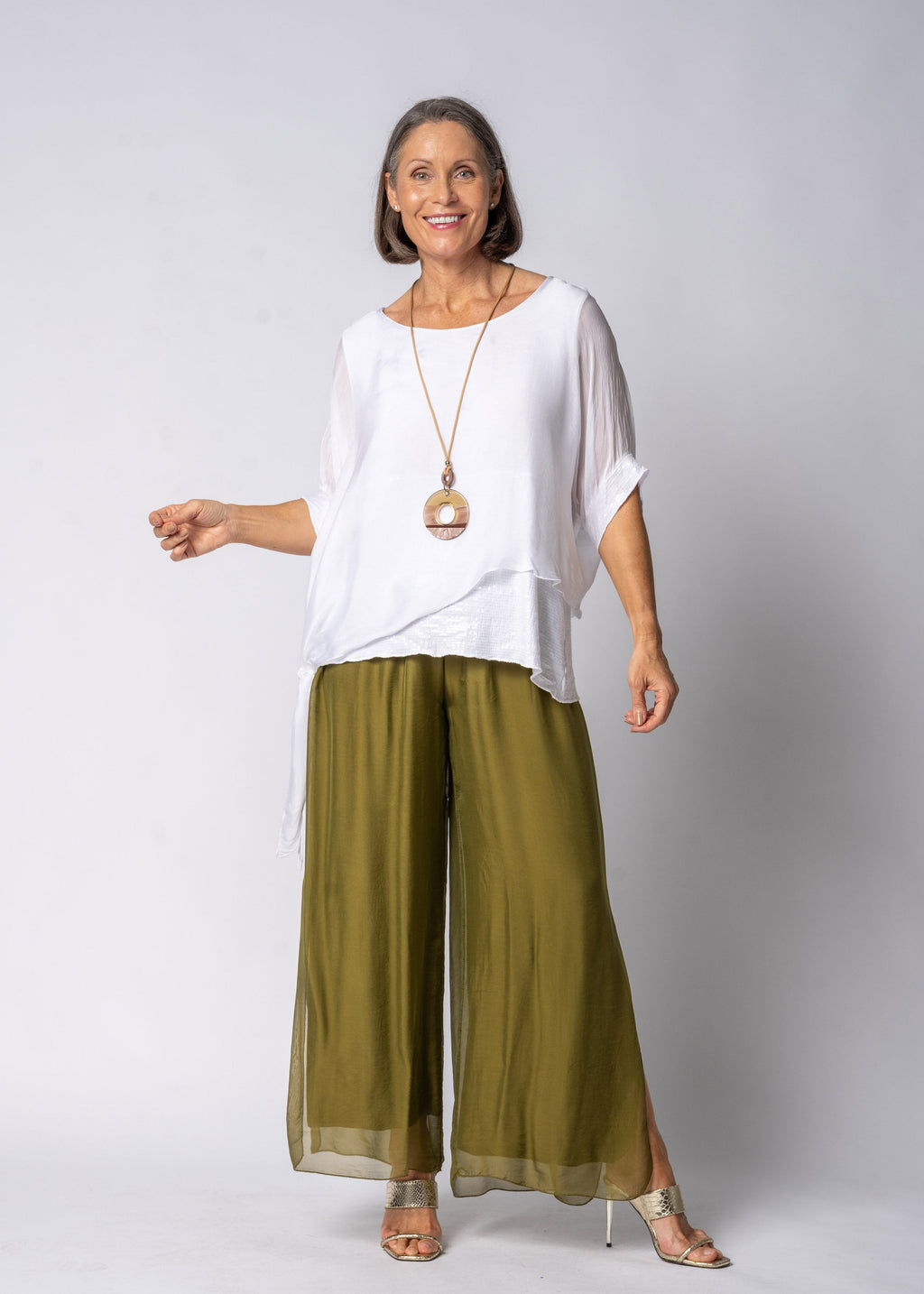Gia Silk Pants in Green Olive
