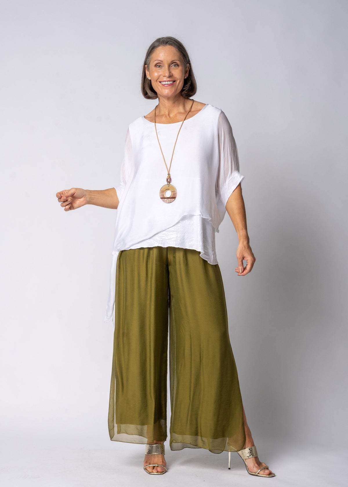 Gia Silk Pants in Green Olive