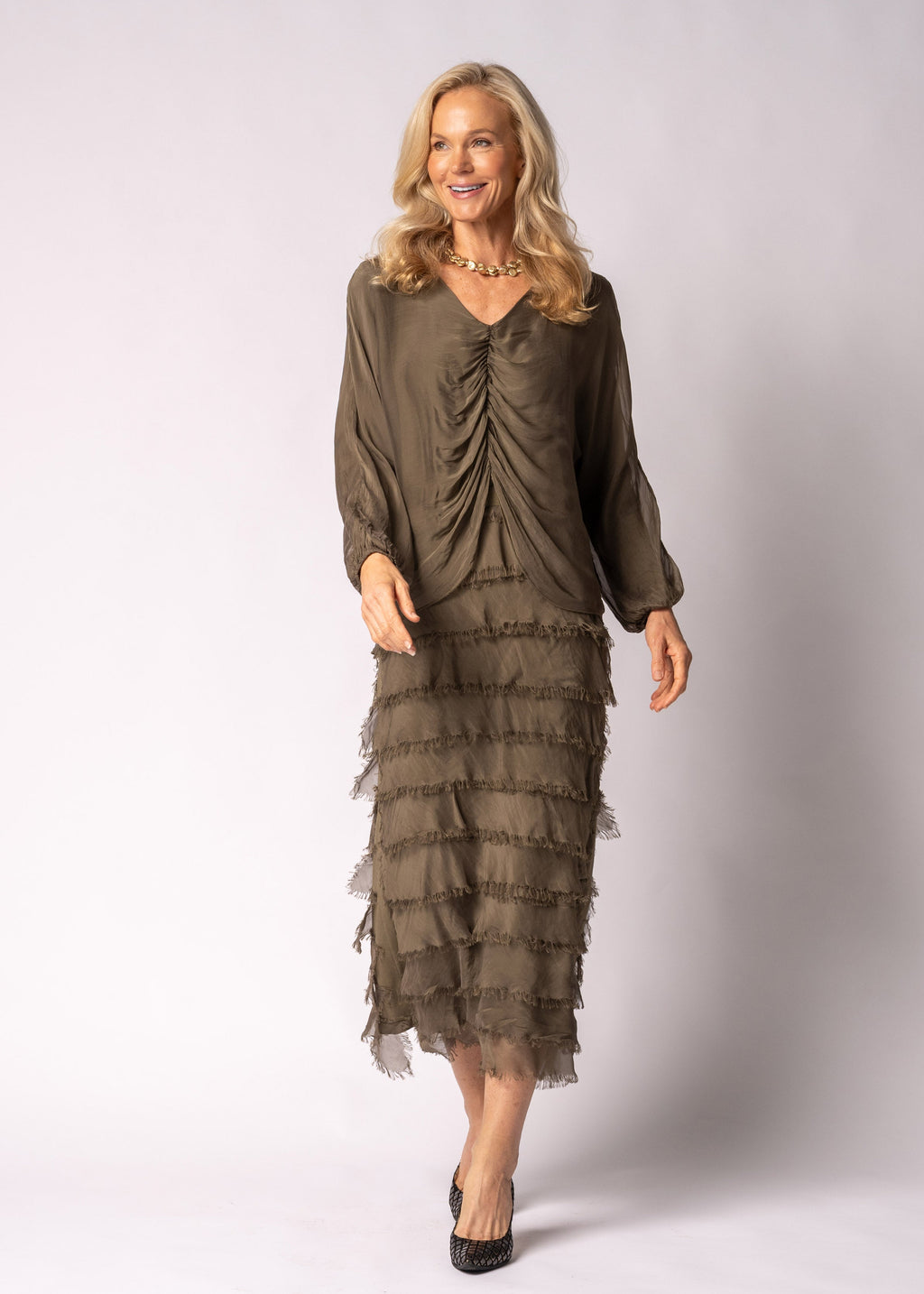 Odette Silk Dress in Moss Green