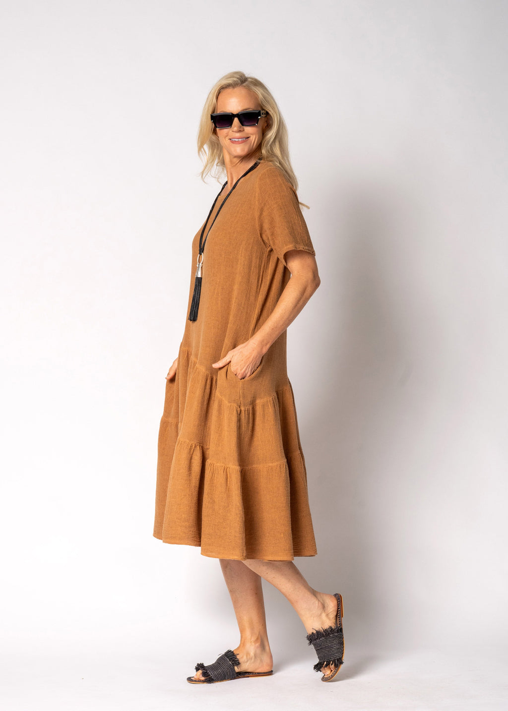 Sabella Linen Blend Dress in Burnt Toffee