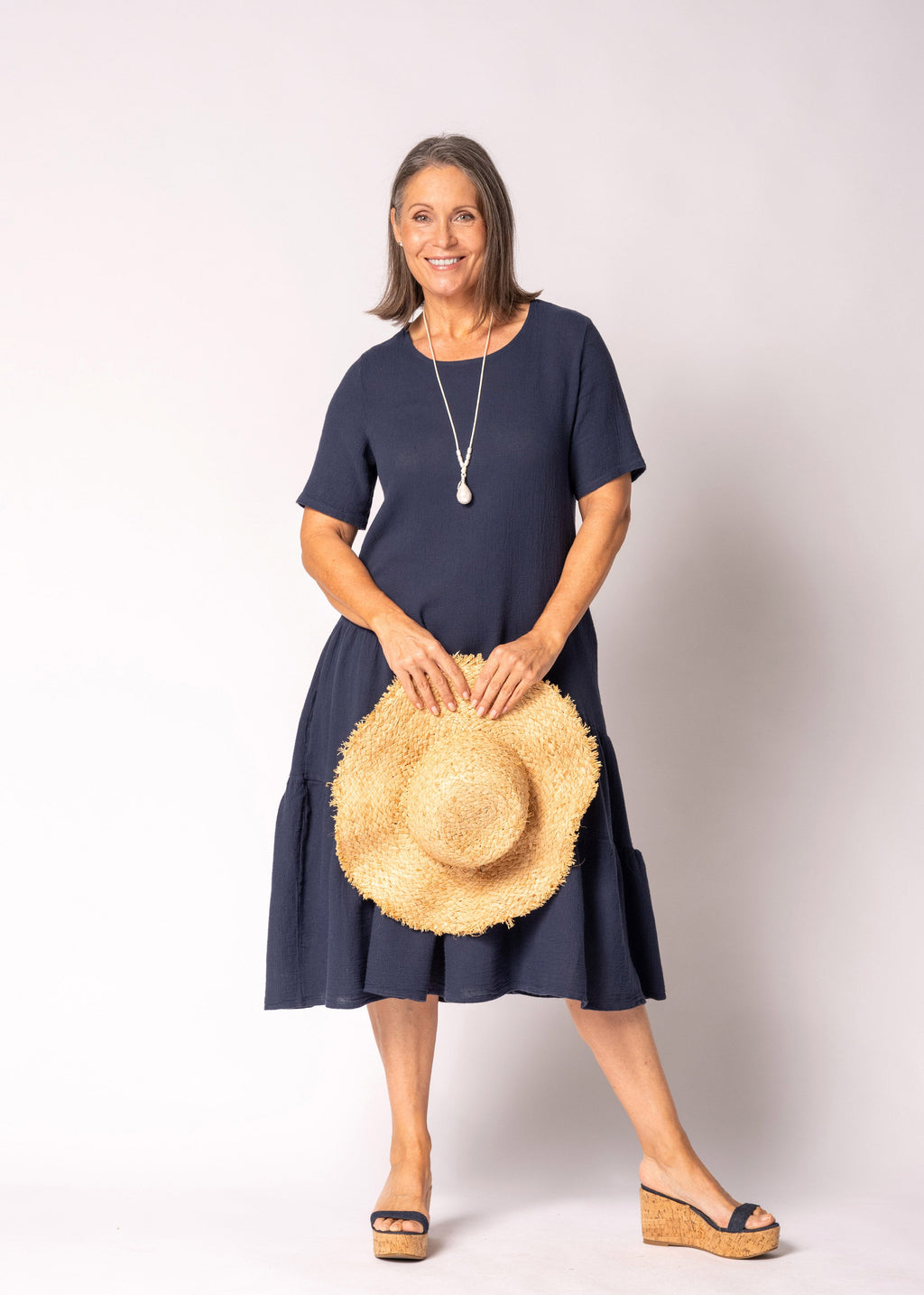 Sabella Linen Blend Dress in Navy
