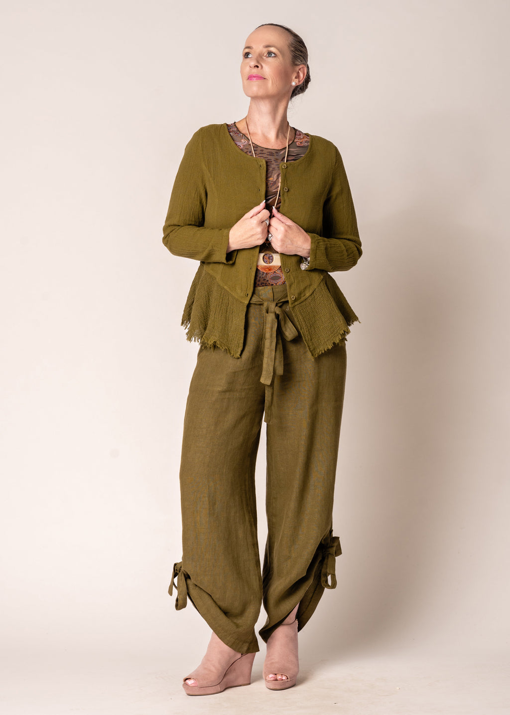 Natalia Linen Jacket in Green Olive