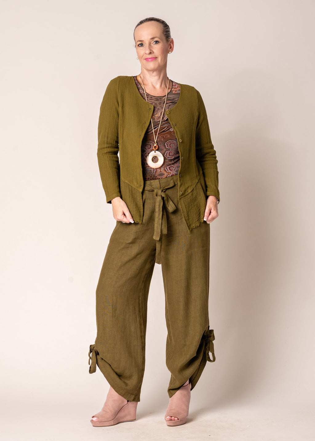 Natalia Linen Jacket in Green Olive
