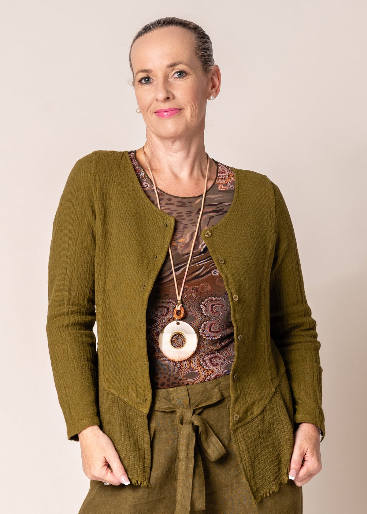 Natalia Linen Jacket in Green Olive