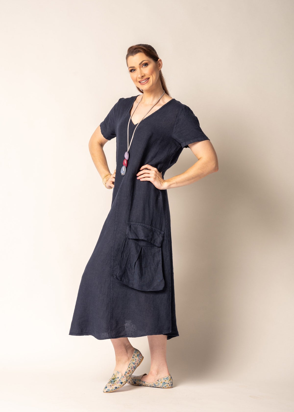 Lada Linen Dress in Navy