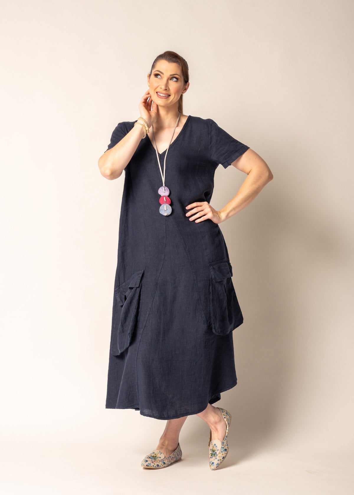 Lada Linen Dress in Navy