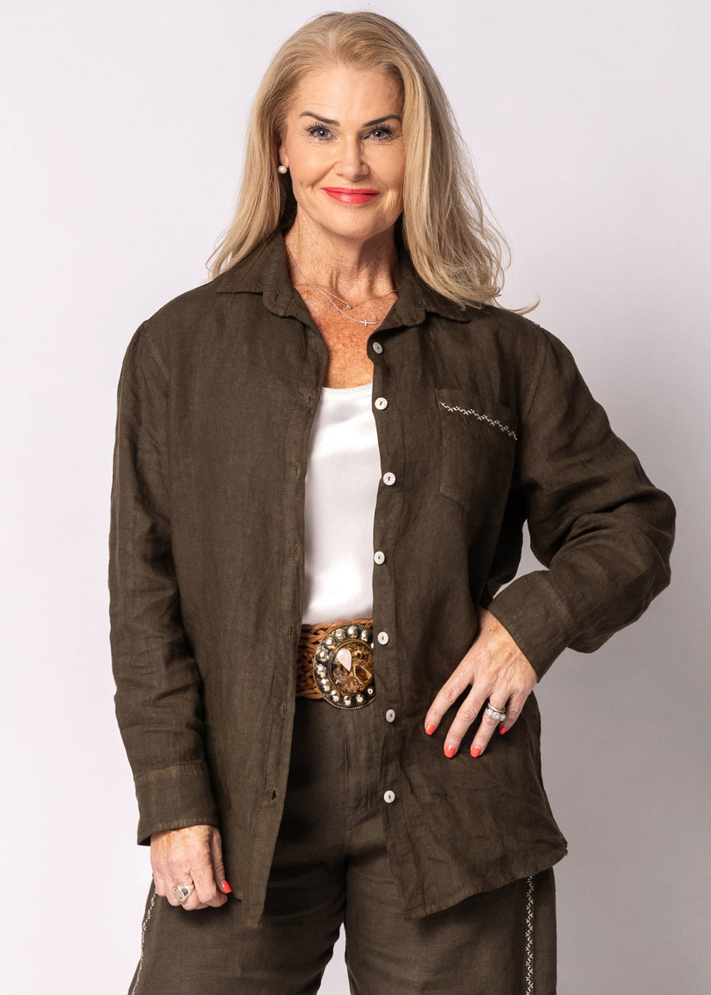 Christy Linen Top in Moss Green