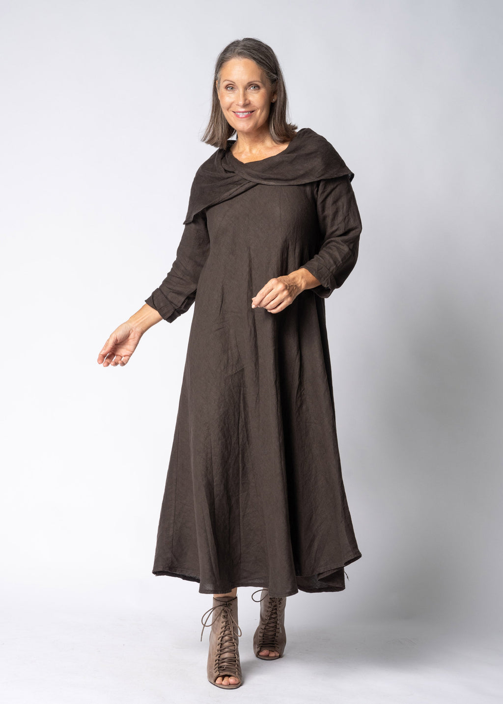 Liliana Linen Dress in Chocolate Truffle