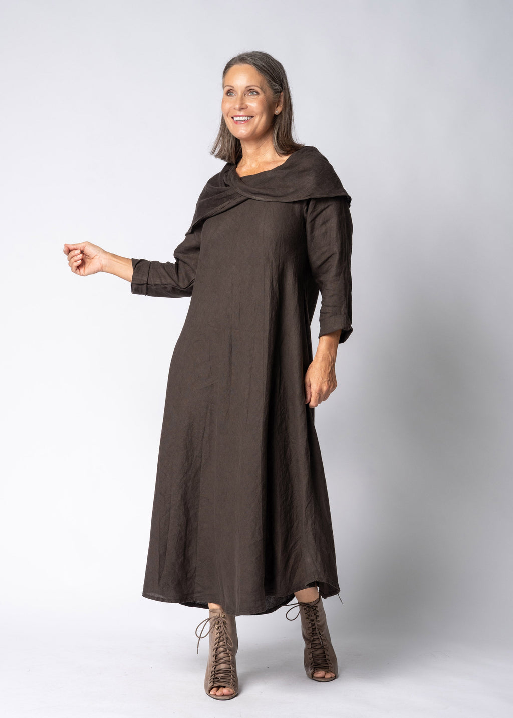 Liliana Linen Dress in Chocolate Truffle