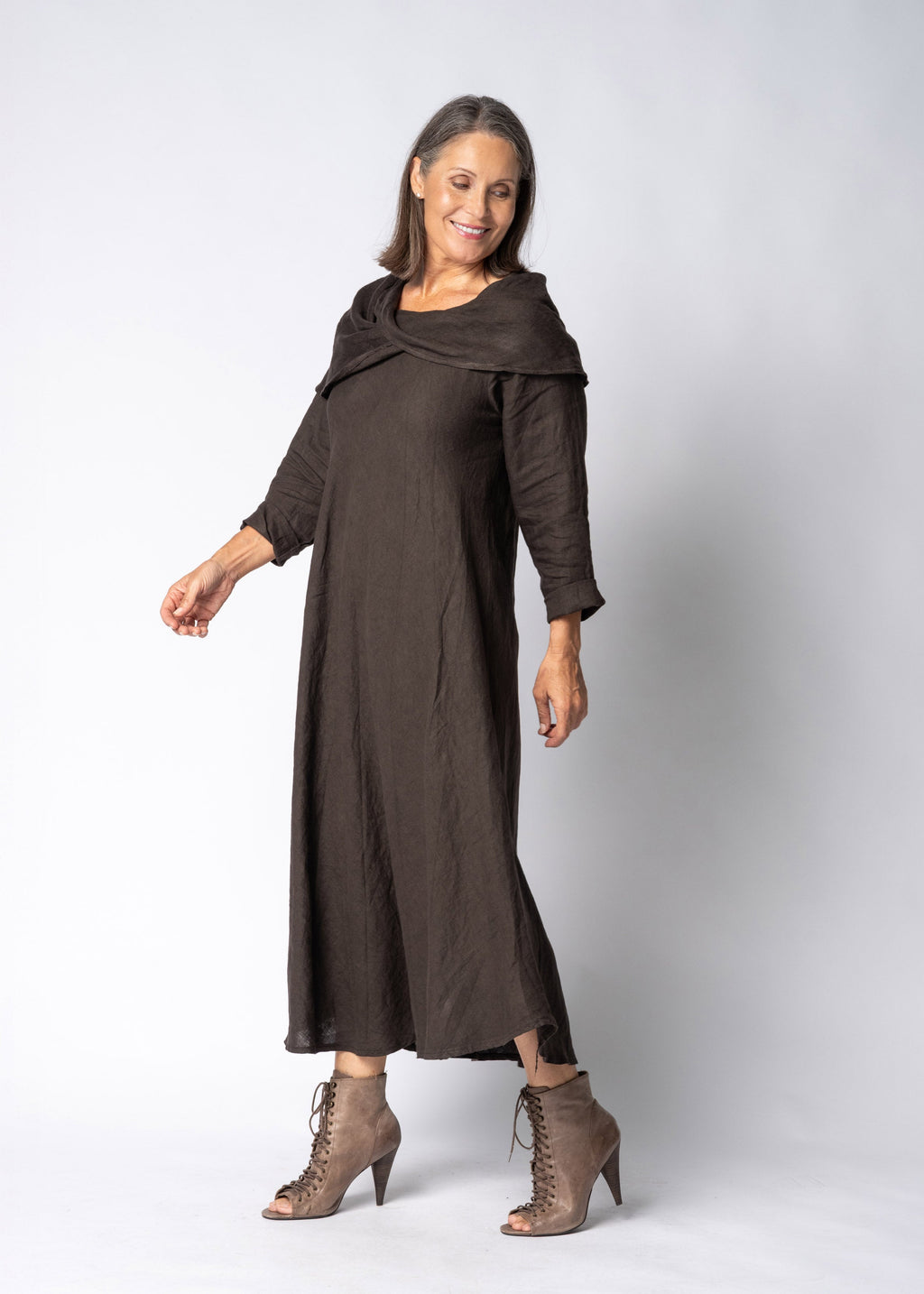 Liliana Linen Dress in Chocolate Truffle
