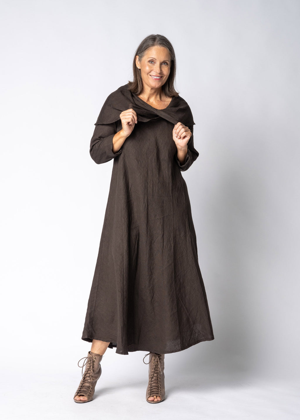 Liliana Linen Dress in Chocolate Truffle