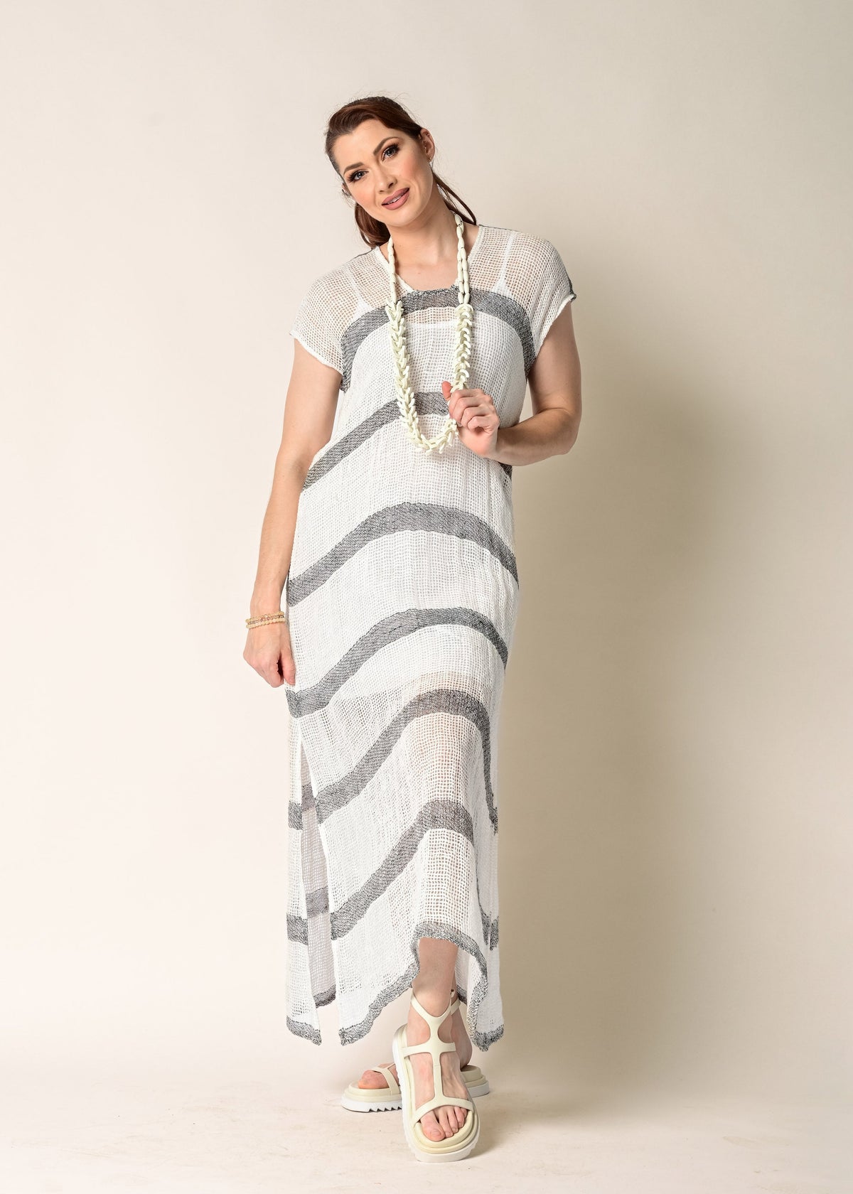 Melania Linen Dress in Cream with Khaki Stripe